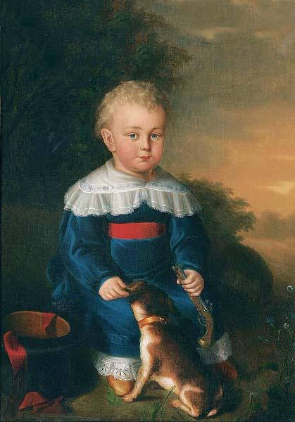 unknow artist Portrait of a young boy with toy gun and dog Germany oil painting art